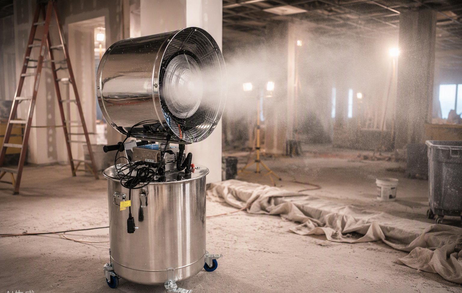 Mist blower suppressing dust on a renovation site